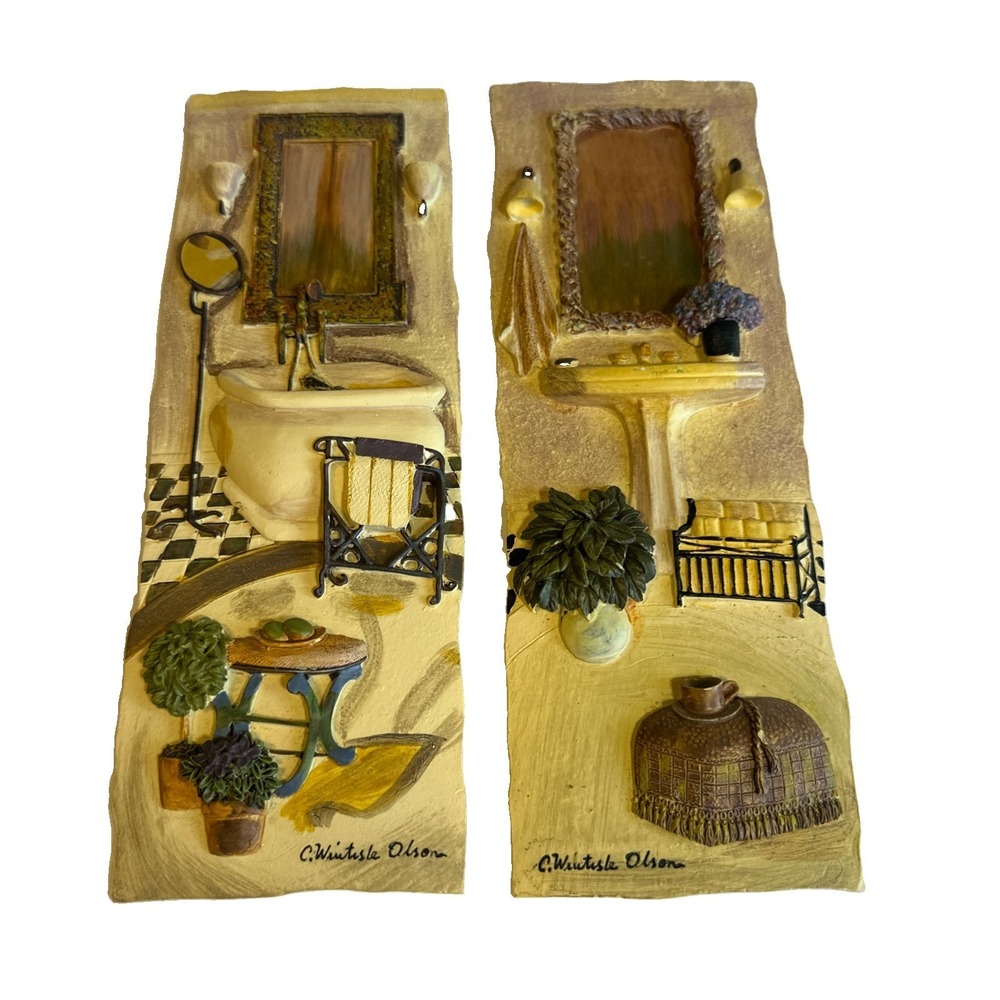 Two-Vintage C. Winterle Olson 3D Bathroom Wall Art Tile Tuscany Tub Window